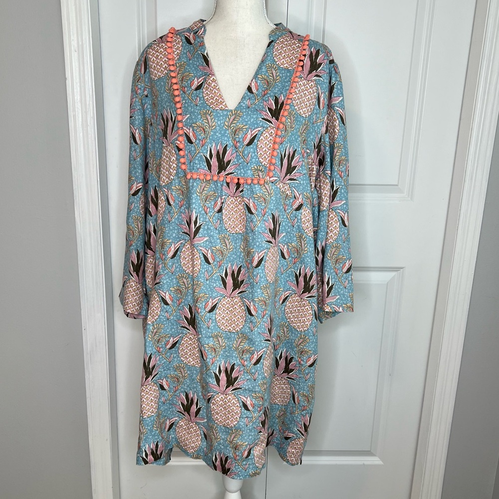 Boden Light Blue Pink Pineapple Print Evangeline Linen Tunic Dress 16 Long Tall - Picture 9 of 9